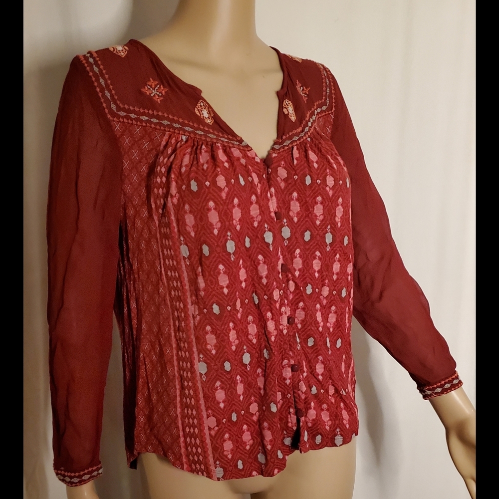 Embroidered Brick Red BoHo Blouse by LUCKY BRAND Size Small